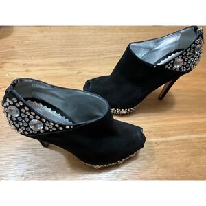 Francesco Sacco Black Suede Crystal Embellished Peep 37 missing stones